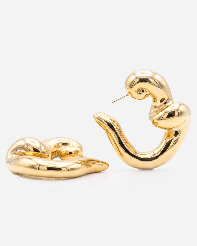 Gold plated sculptural hoop earrings with intertwined fluid design and polished finish, 57mm by 51mm