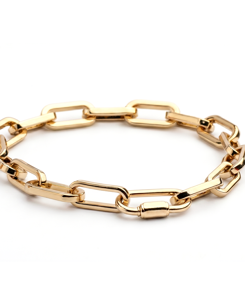 Gold plated chain link necklace with elongated links and adjustable length up to 22 inches