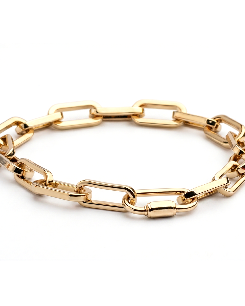 Gold plated chain link necklace with elongated links and adjustable length up to 22 inches