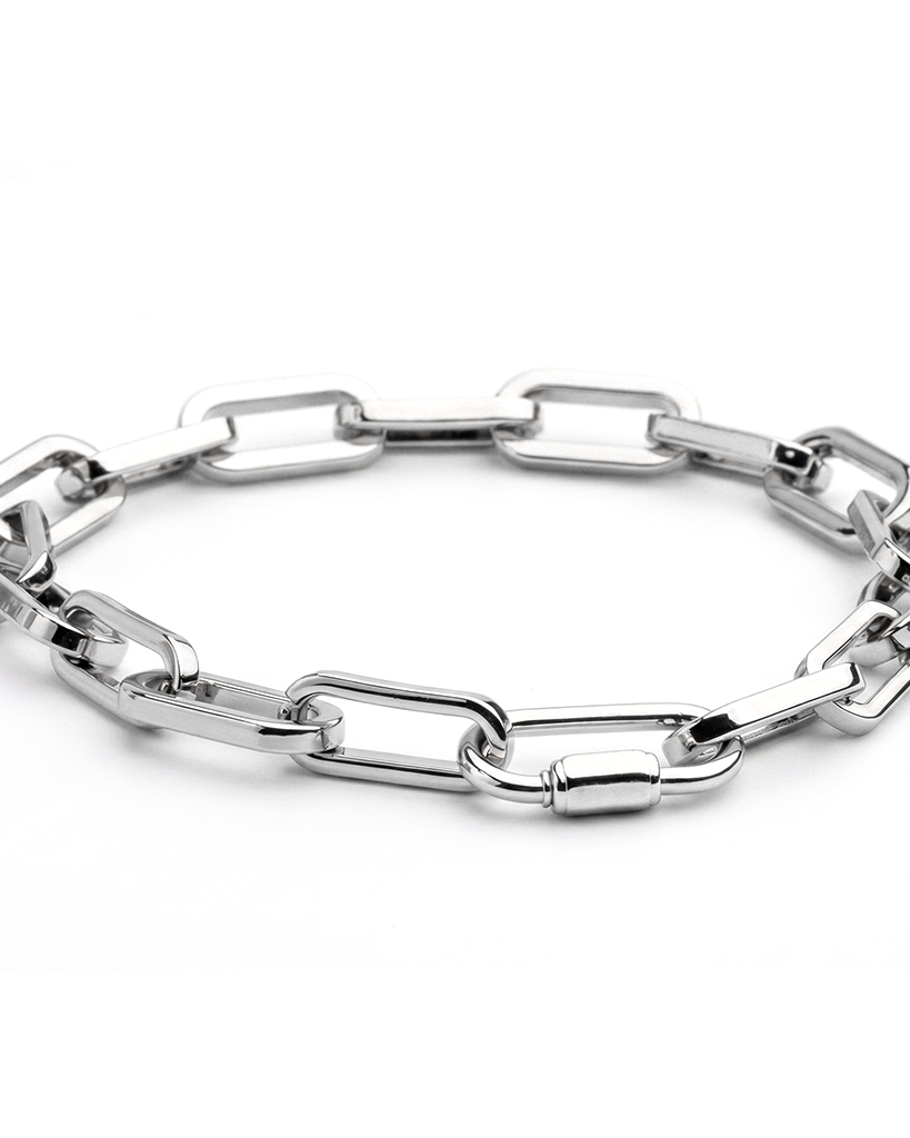 Rhodium plated chain link necklace with elongated links and adjustable length up to 22 inches