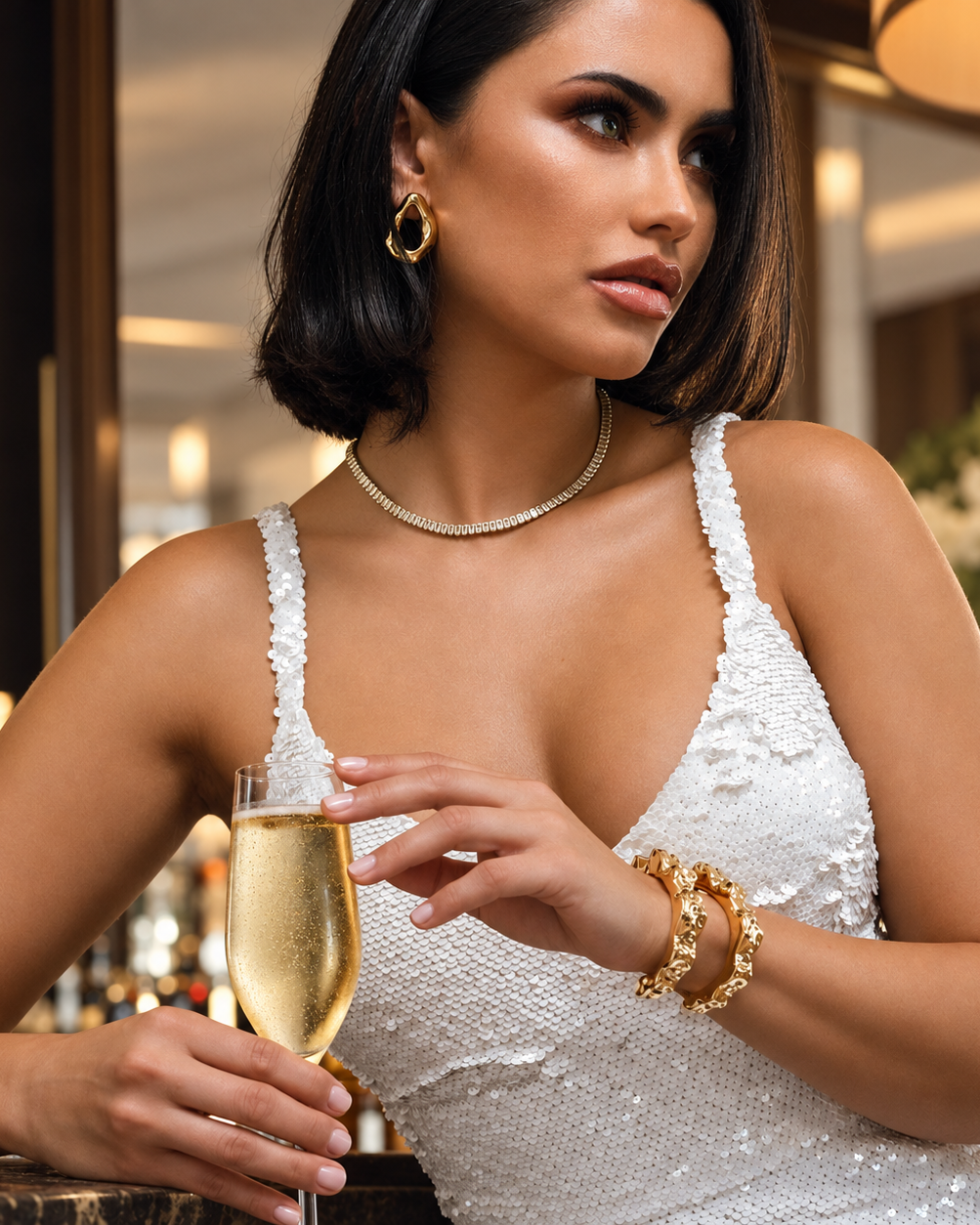 Woman in a white dress holding a glass of champagne, wearing the Nathalia gold cuff bracelet stacked with other bracelets, restaurant setting