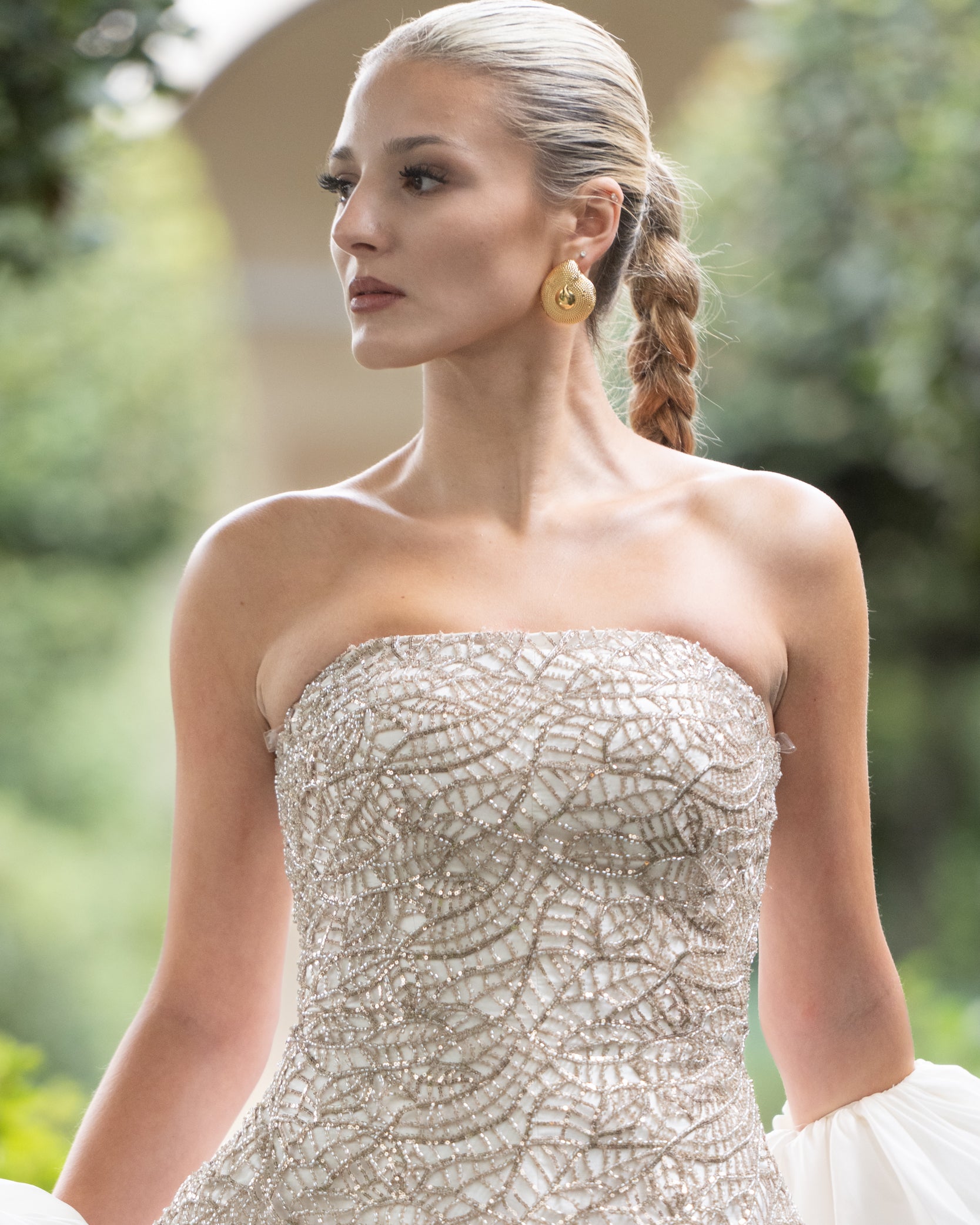 Model wearing Chiara Textured Dome Earrings