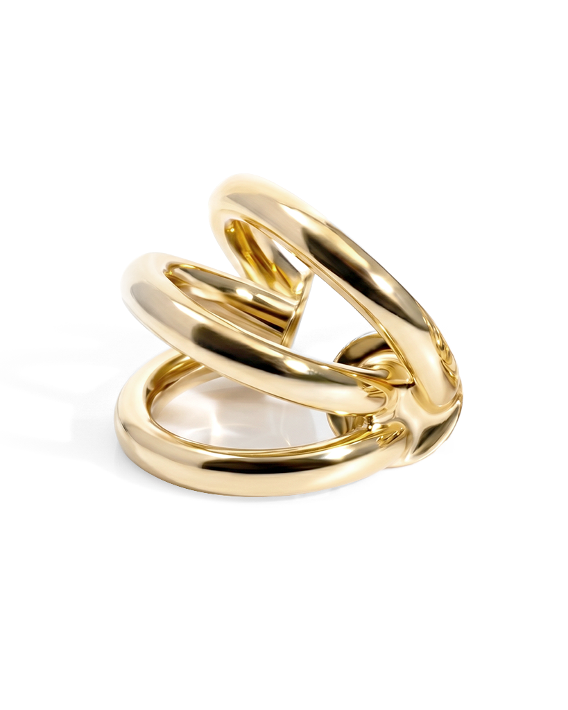Triple strand ear cuff available in gold plated and rhodium plated finishes with sculptural layered design