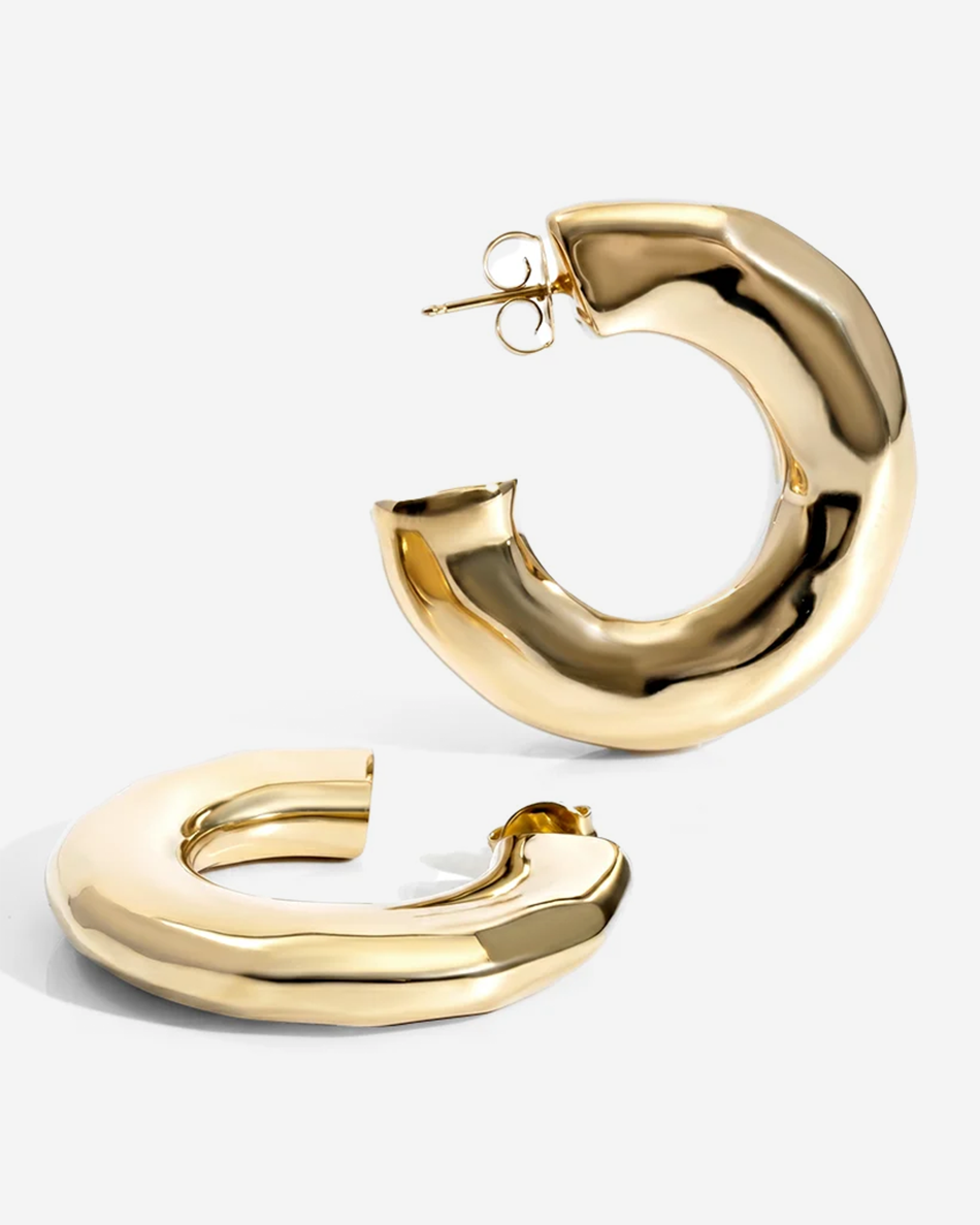 Emma Hammered Open Hoop Earrings Gold — sculptural 18K gold-plated statement earrings, hypoallergenic demi-fine jewelry