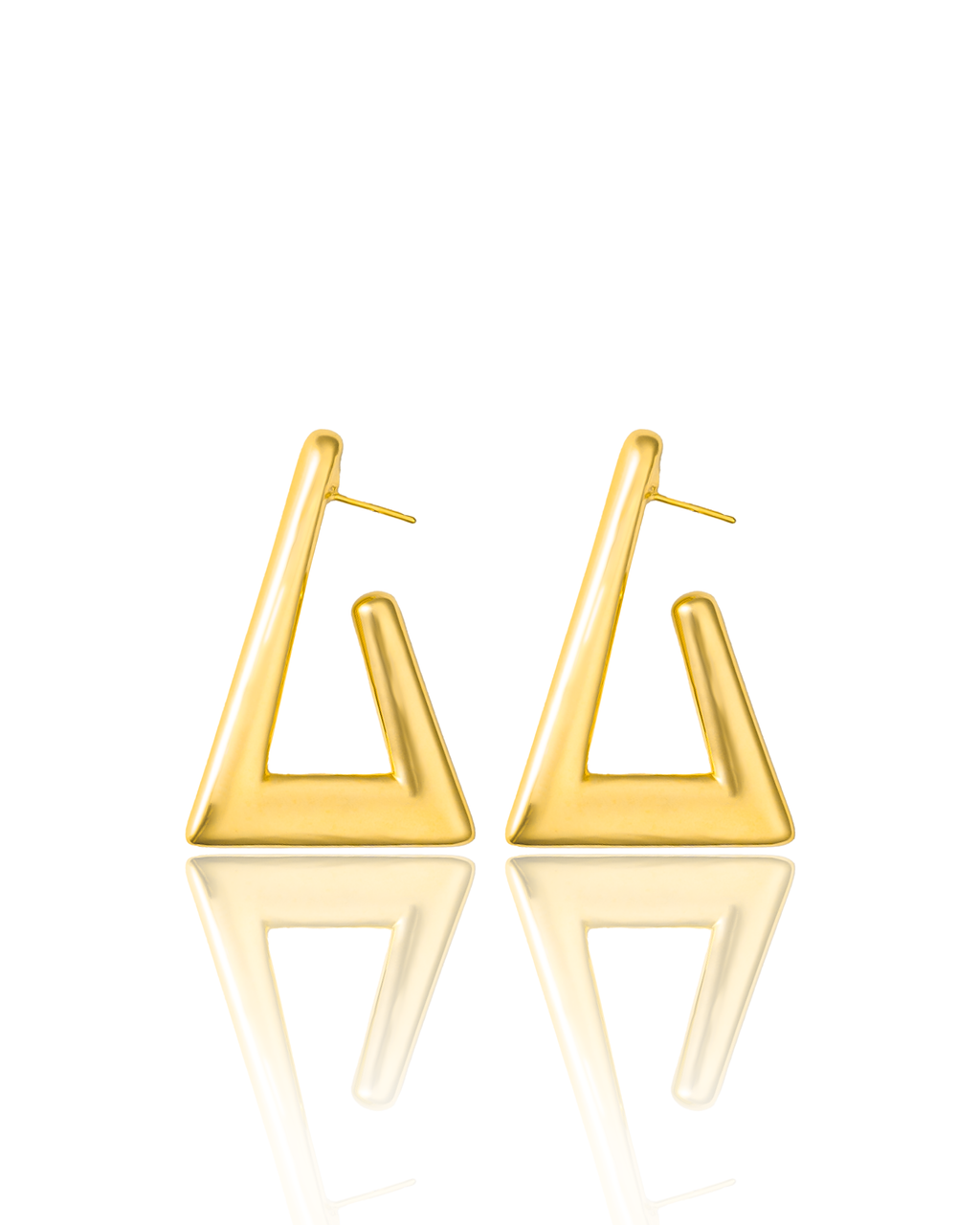 Geometric gold plated triangular earrings with open-frame design and high-polish finish, 34mm by 50mm size