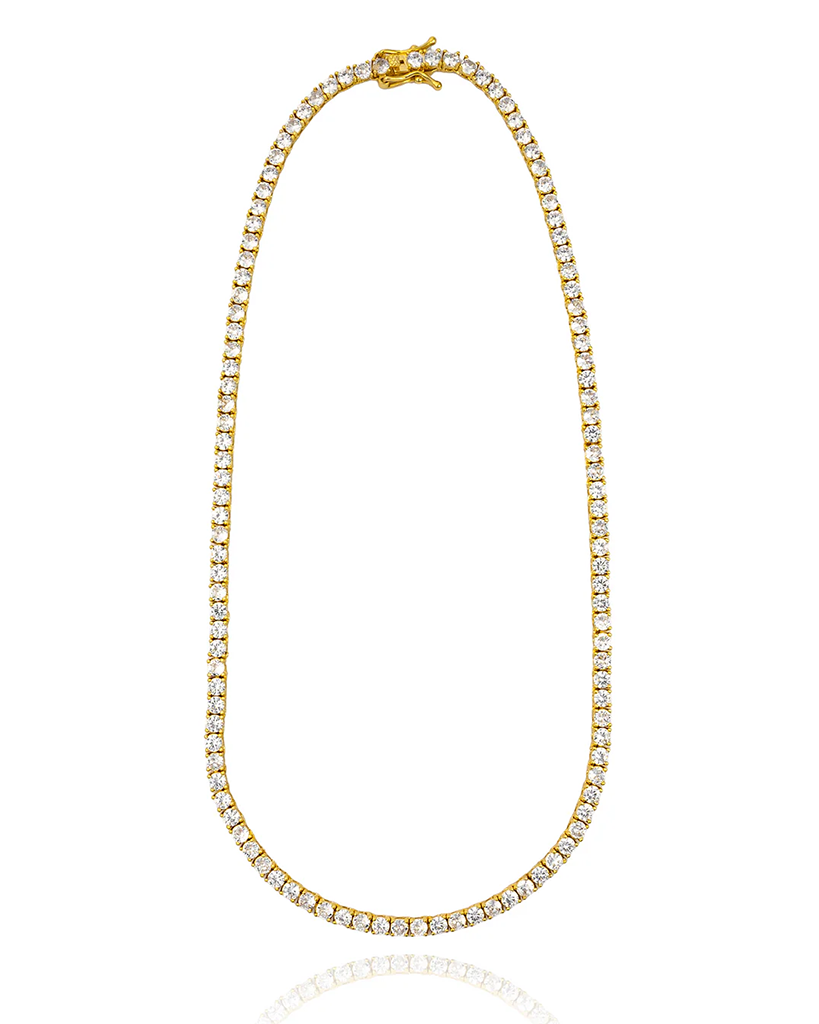 Gold plated tennis necklace with round cubic zirconia stones in continuous design, 3mm thickness, available in 15, 16 and 18 inch lengths
