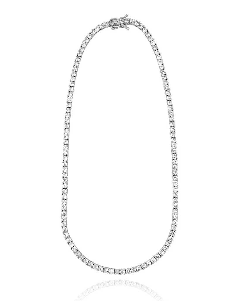 Rhodium plated tennis necklace with round cubic zirconia stones in continuous design, 3mm thickness, available in 15, 16 and 18 inch lengths