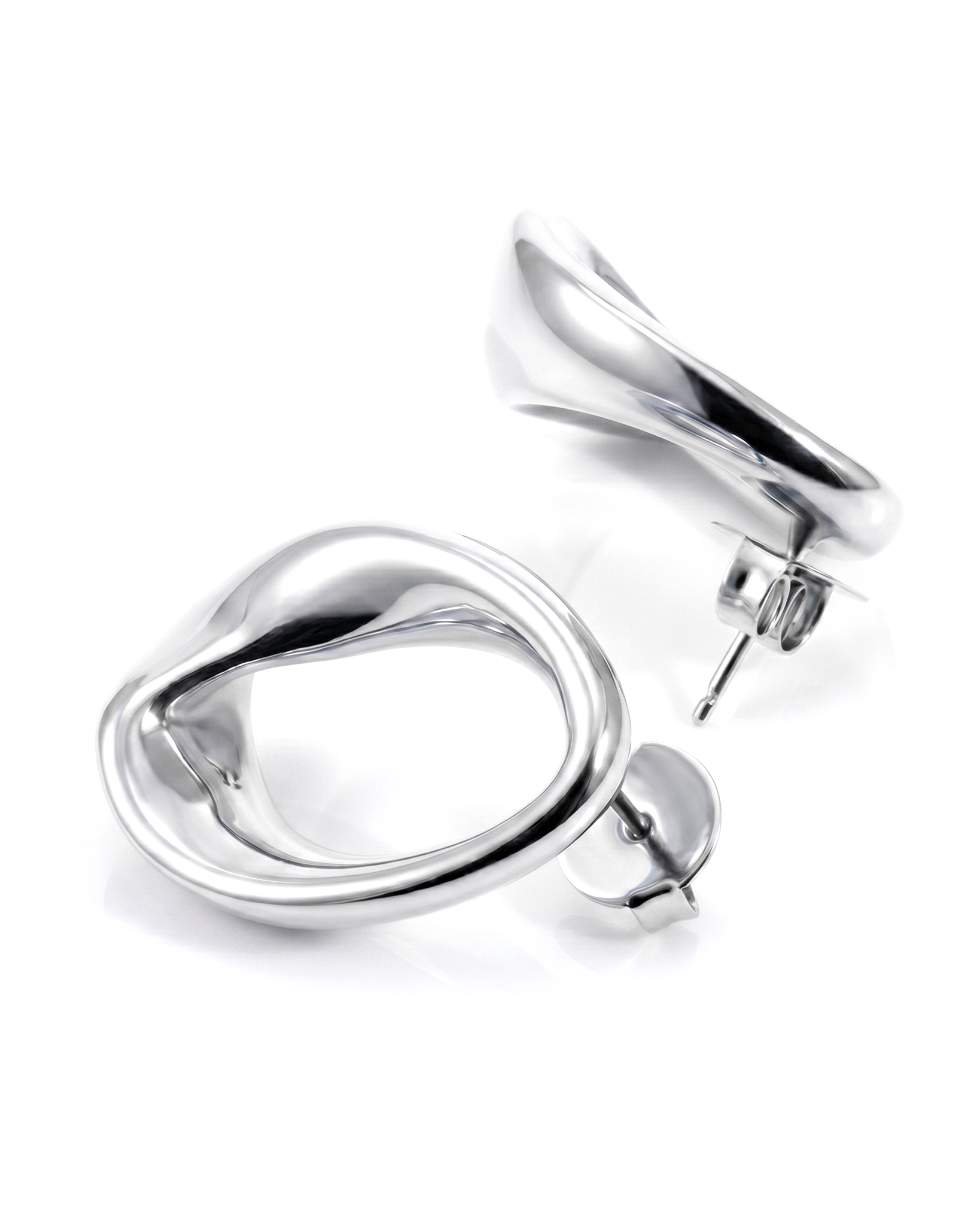 Abstract oval earrings available in gold plated and rhodium plated finishes with sculptural geometric design