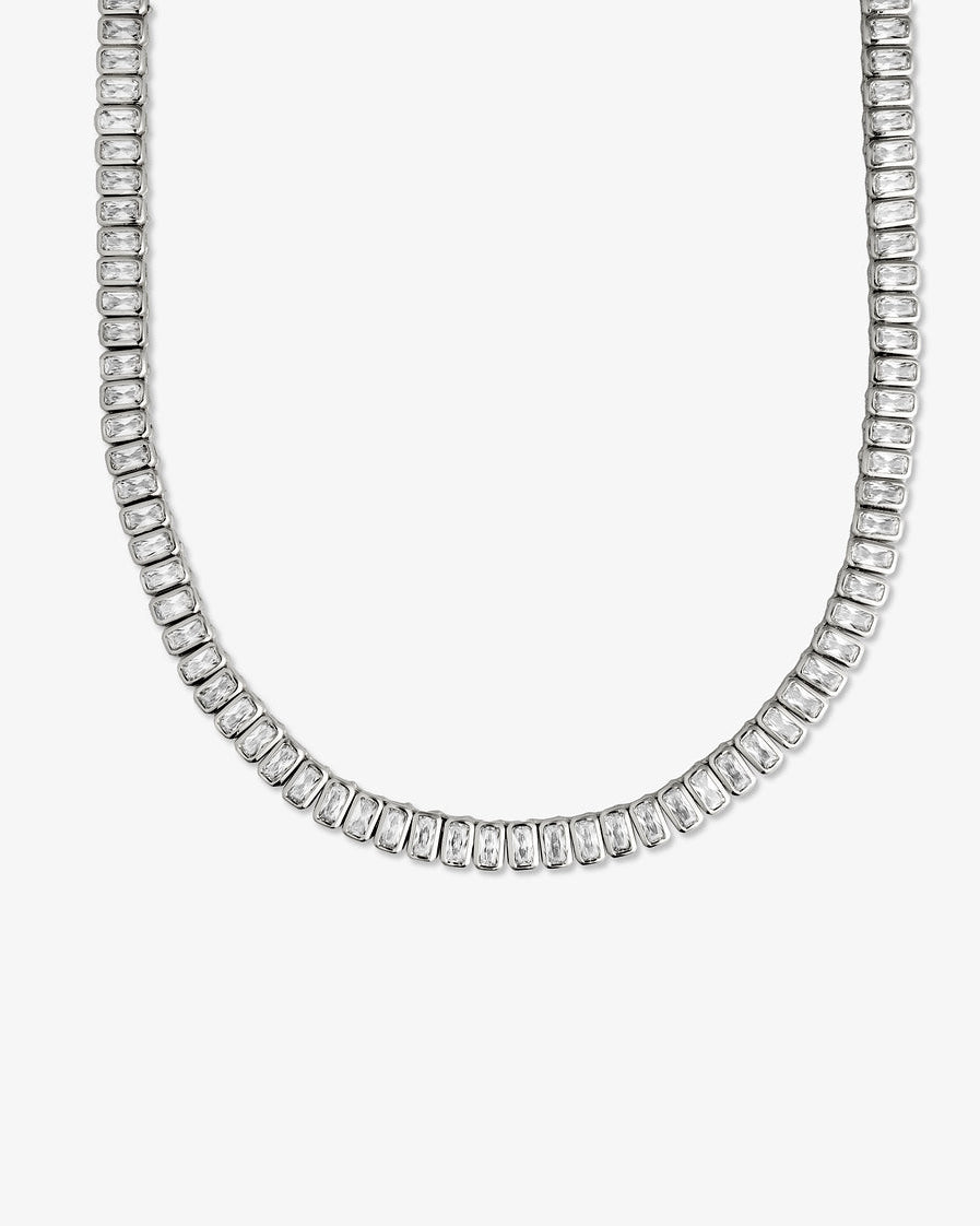 Silver emerald-cut tennis choker necklace with rectangular clear stones