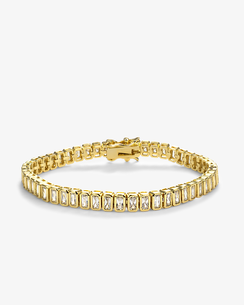 Gold emerald-cut tennis bracelet featuring rectangular clear stones in polished gold settings