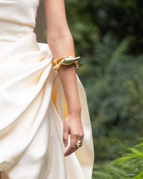 Caroline Sculptural Cuff Bracelet — bold 18K gold-plated statement bracelet, lightweight hypoallergenic demi-fine jewelry