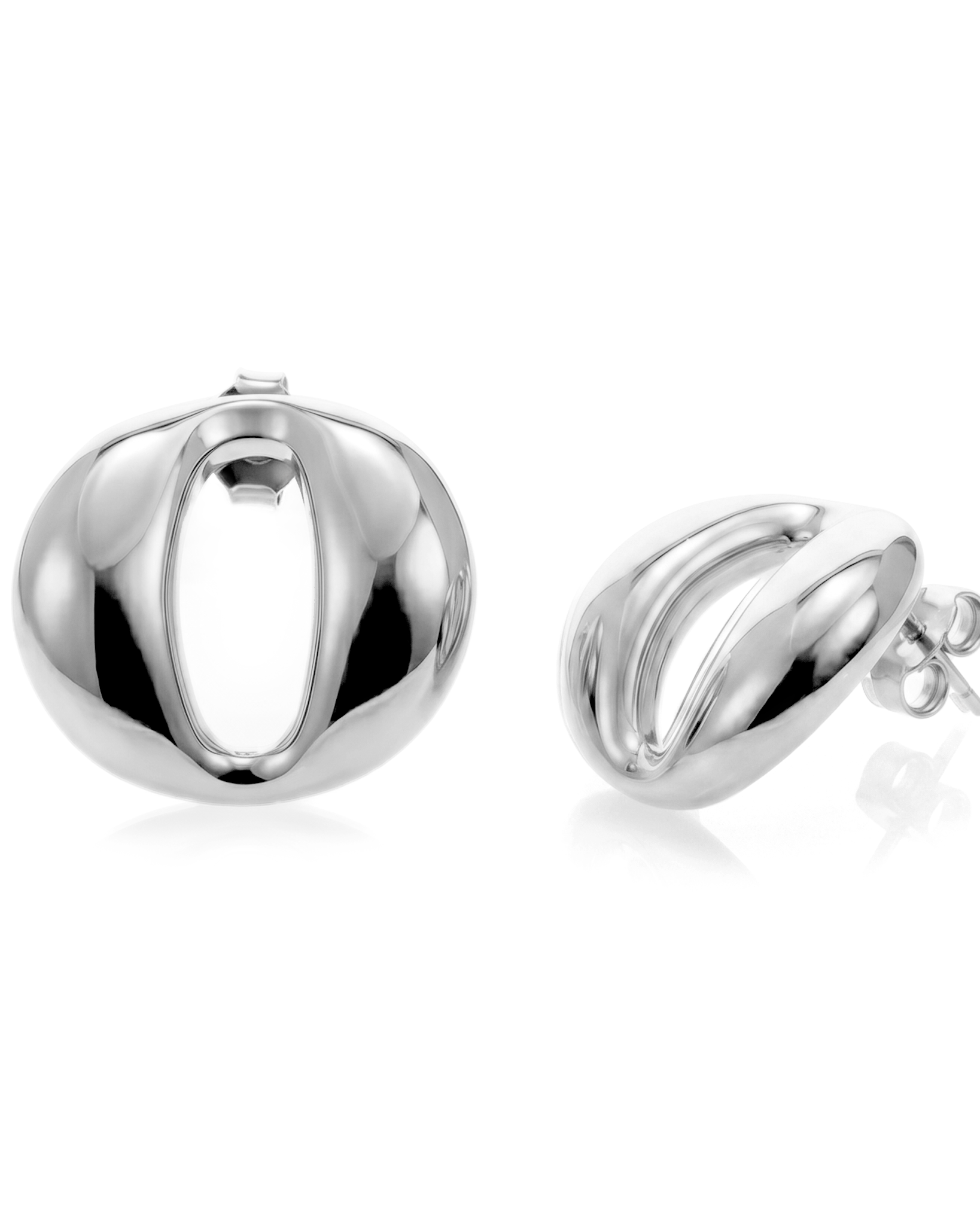 Dome earrings available in gold plated and rhodium plated finishes with smooth sculptural design