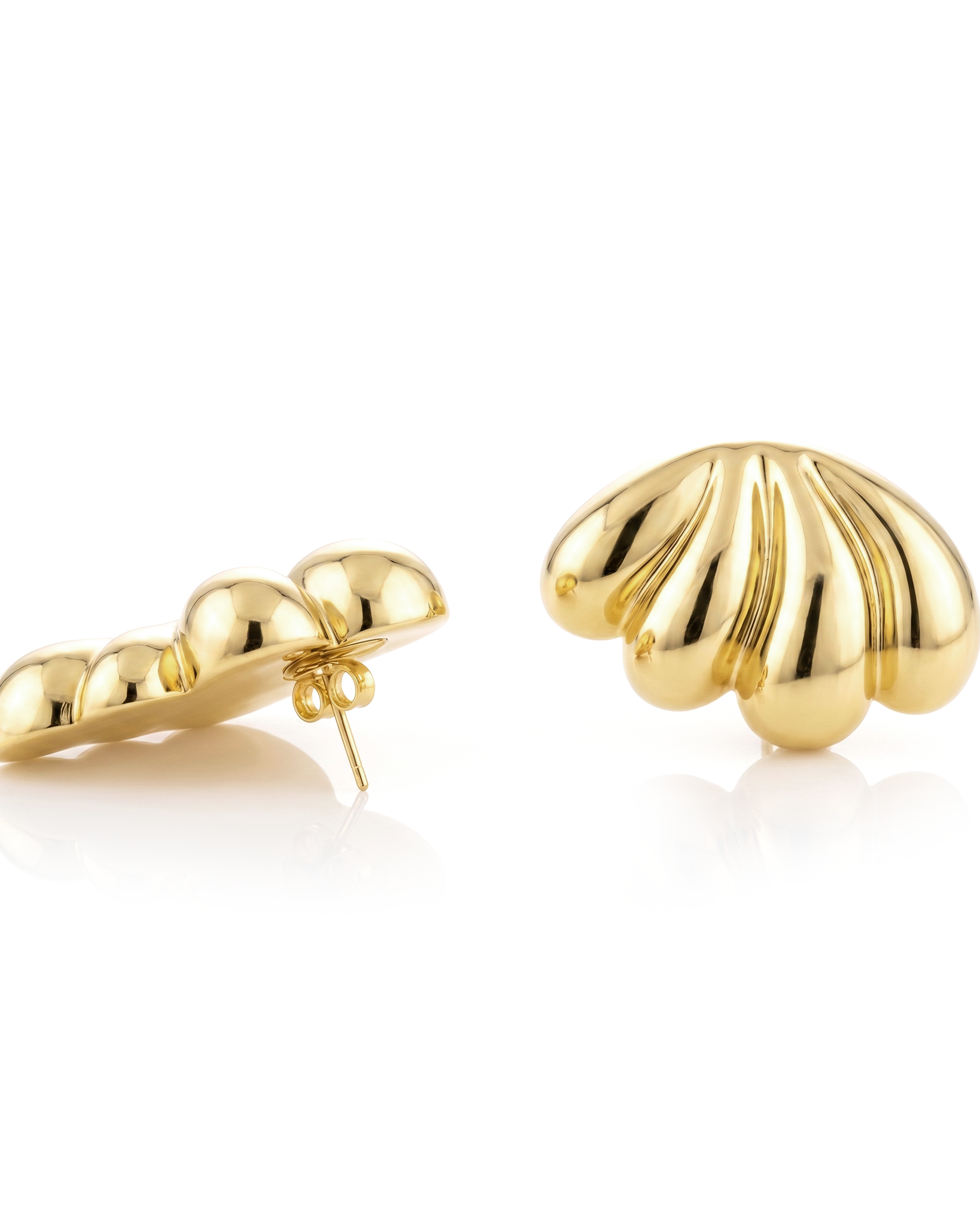 Gold plated fan-shaped earrings with layered radiating design and polished finish, 46mm by 30mm