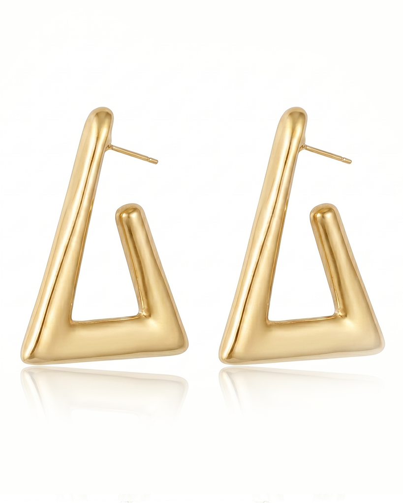 Geometric gold plated triangular earrings with open-frame design and high-polish finish, 34mm by 50mm size