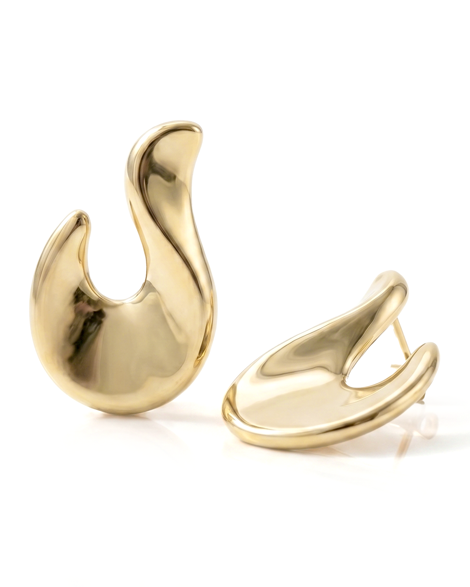 Abstract hook earrings available in gold plated and rhodium plated finishes with sculptural curved design