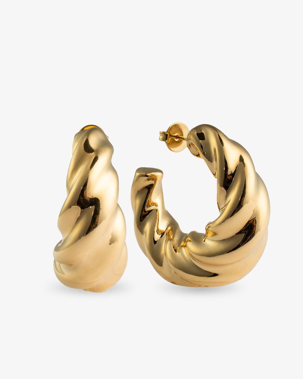 Organic twisted gold chunky hoop earrings side view with post back