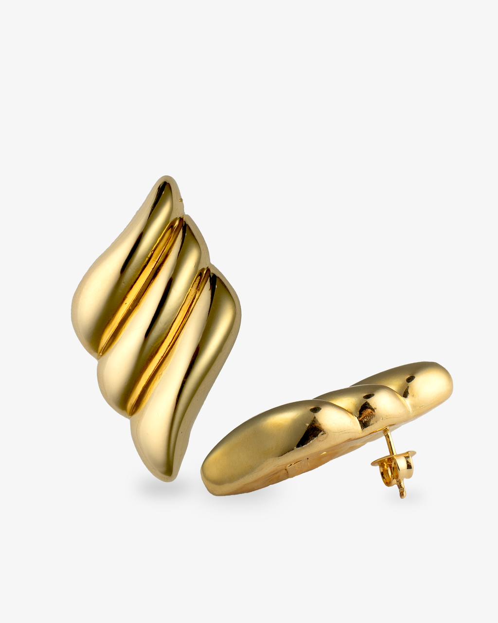 Triple wave gold earrings angled side view with post back