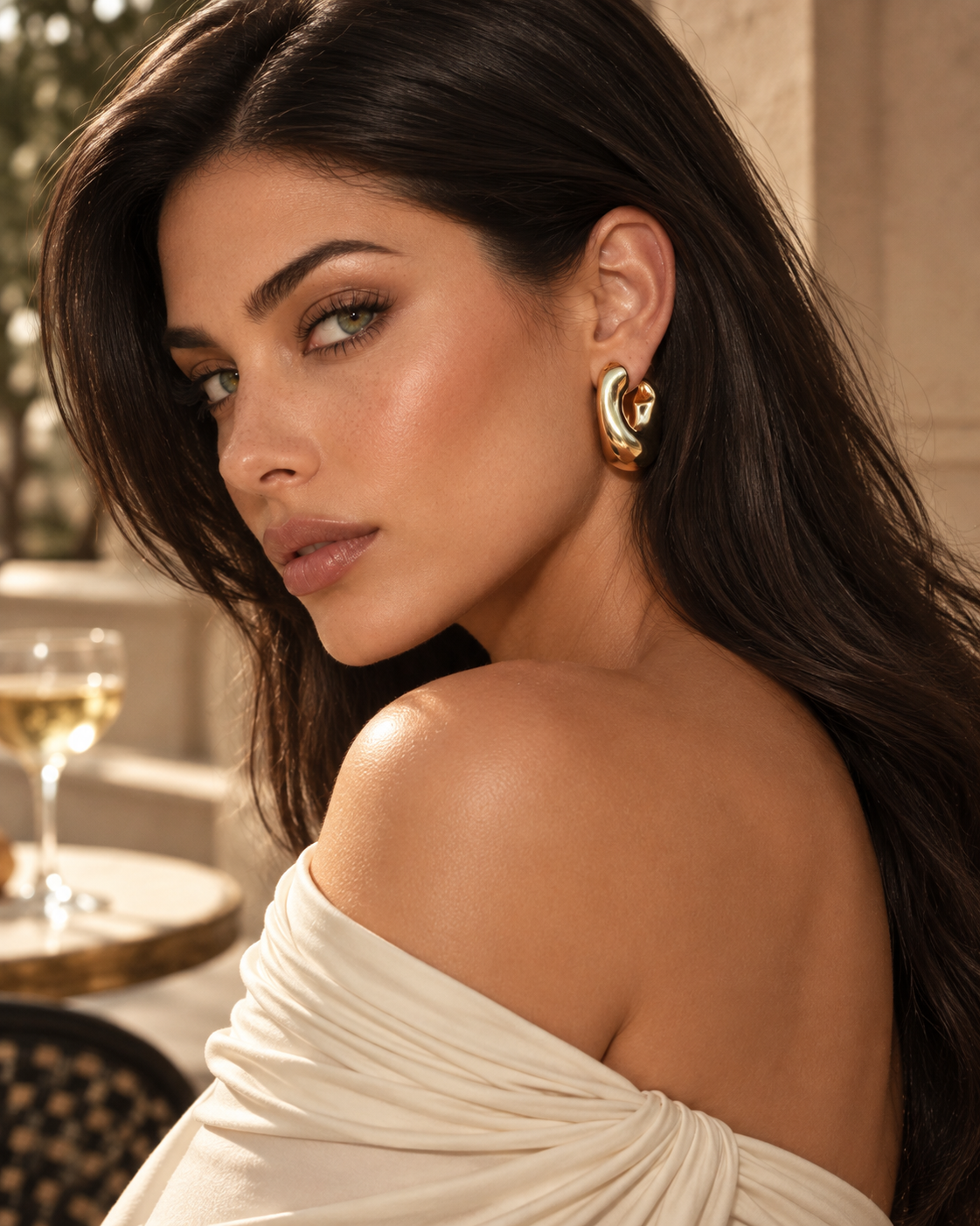 a model wearing a Chunky sculptural gold hoop earrings