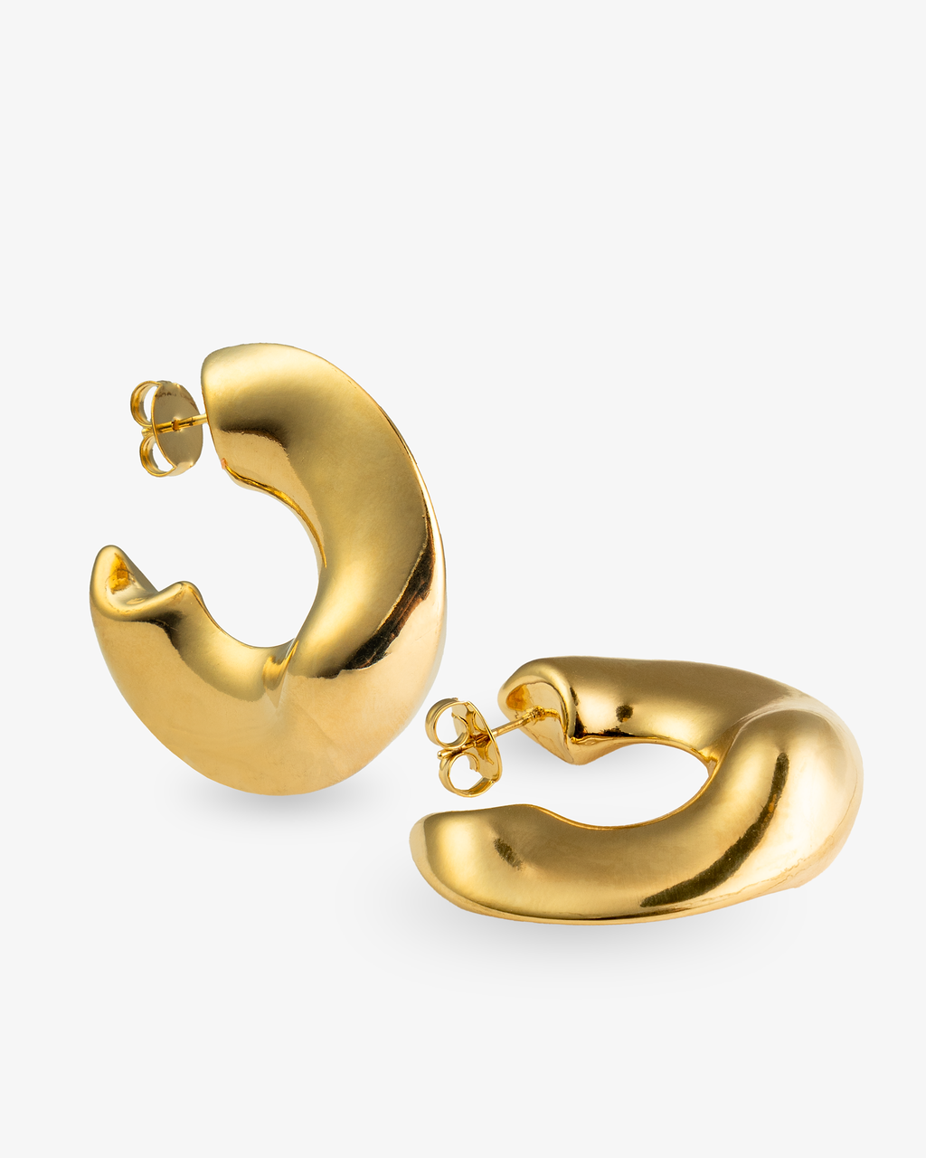 Curved gold statement hoop earrings angled view with post backs