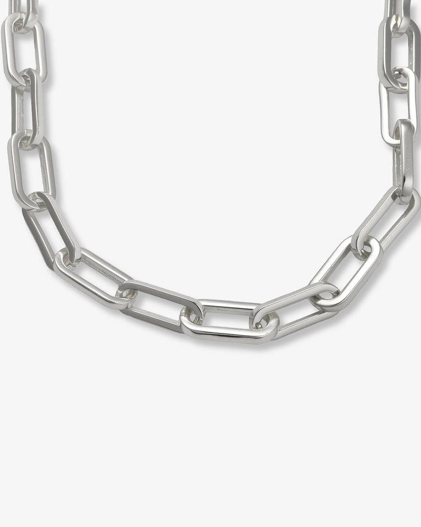 Silver paperclip chain choker necklace with elongated rectangular links