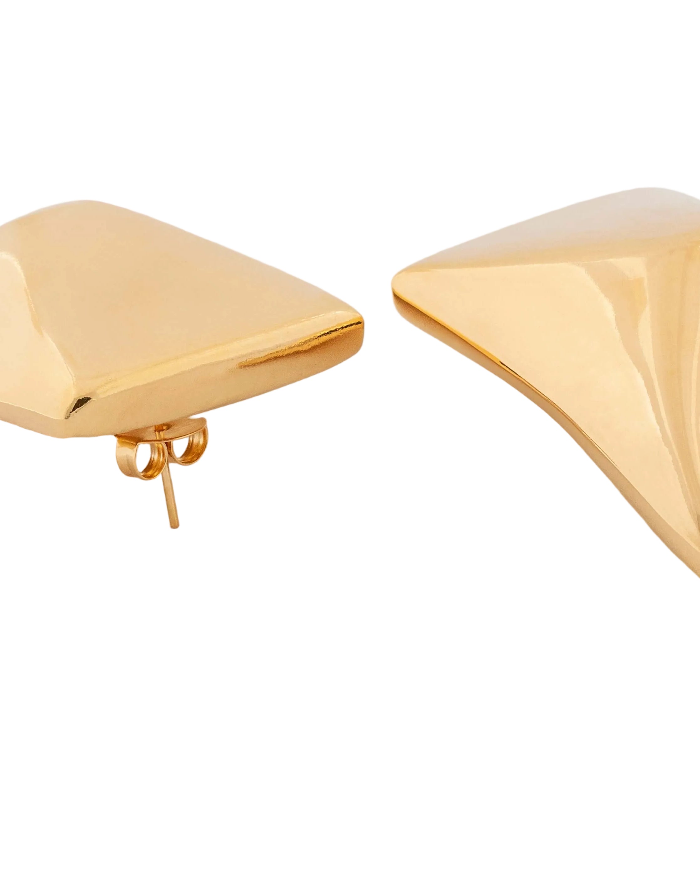 Gold plated sculptural earrings with asymmetric curved design and polished finish, 50mm by 35mm