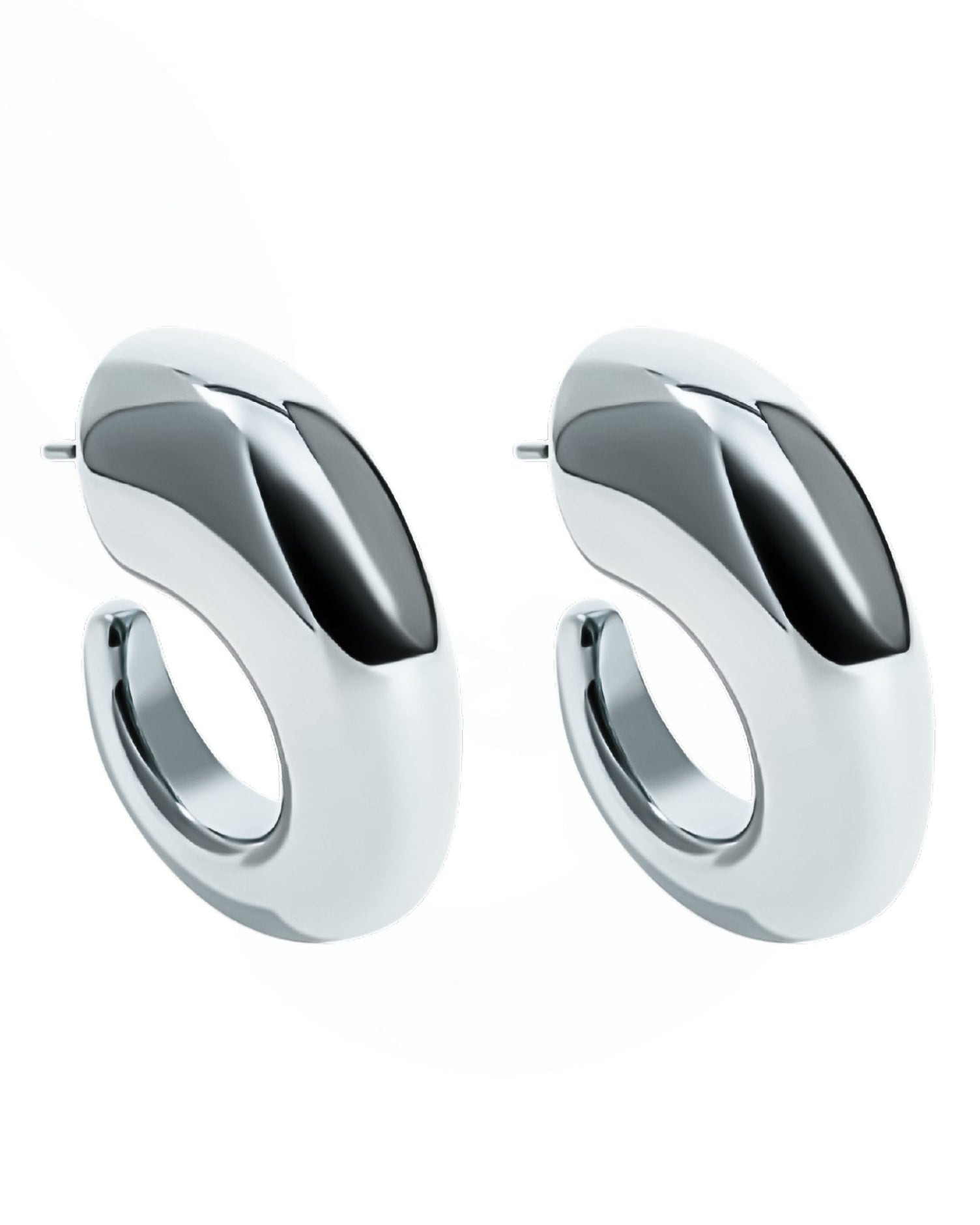 Oval open hoop earrings available in gold plated and rhodium plated finishes with sculptural thick design