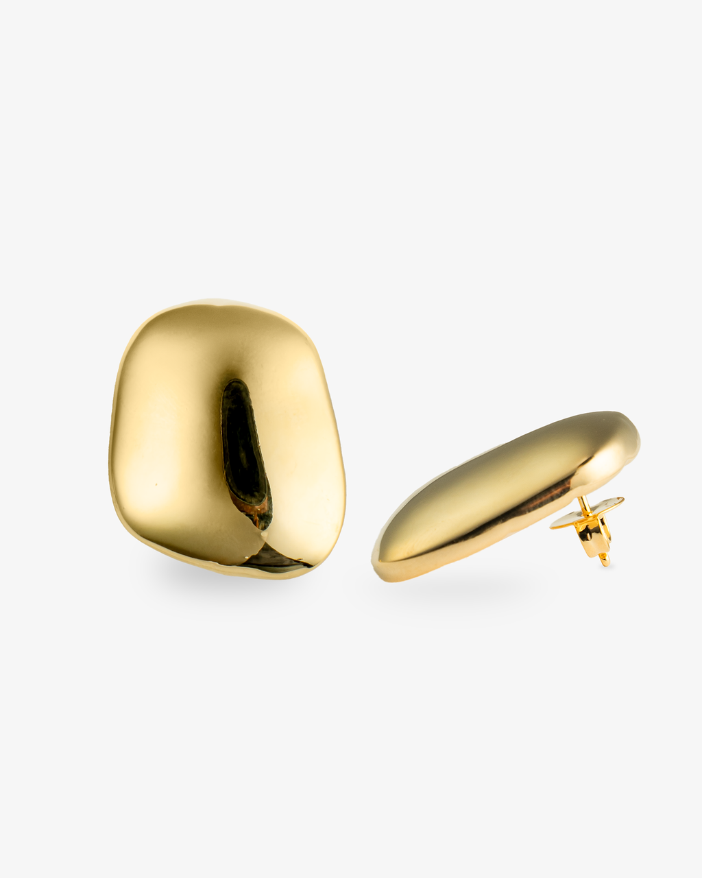 Cushion-shaped gold statement earrings side view with post back