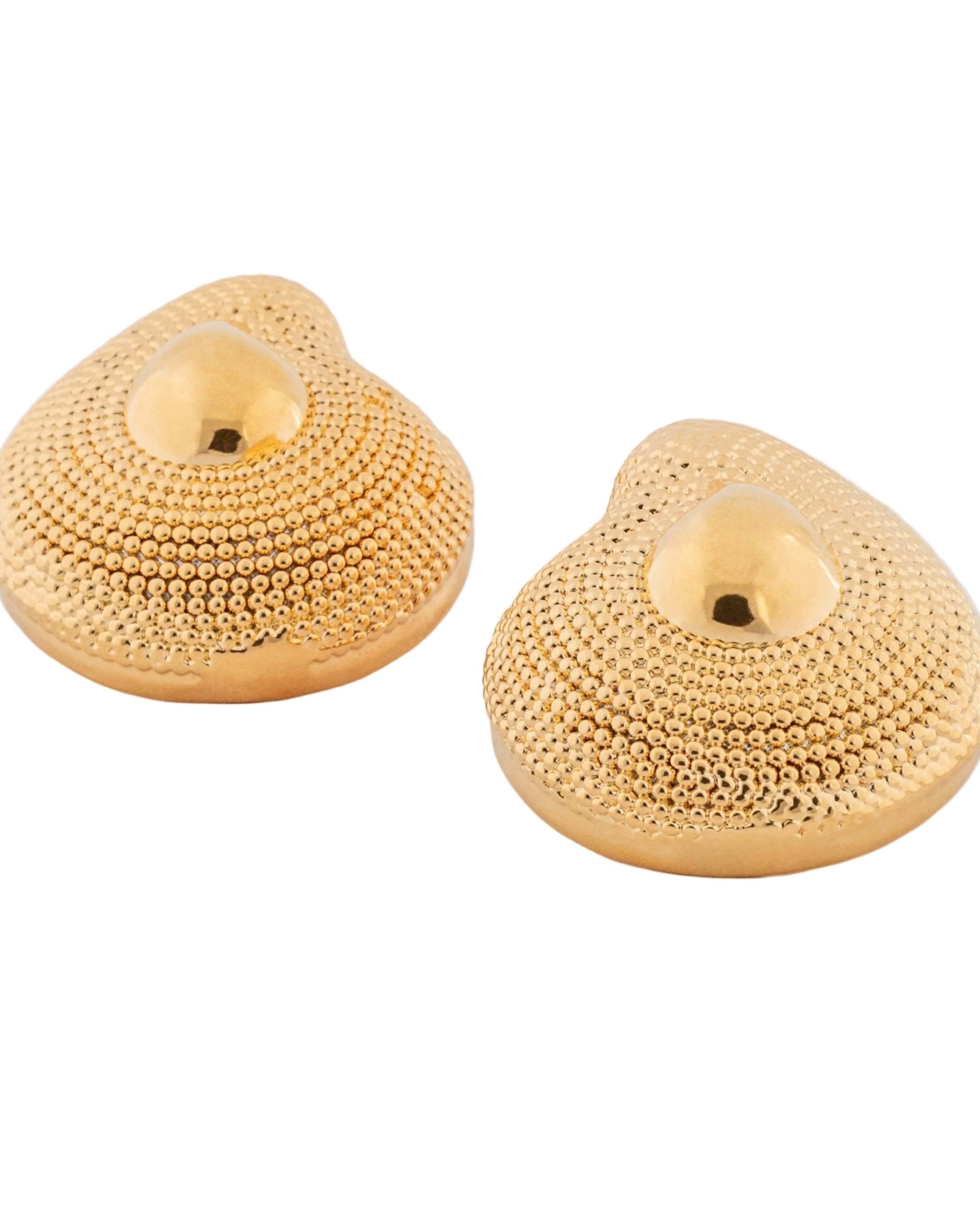 Gold plated textured dome earrings with rounded sculptural shape and asymmetric design, 40mm by 33mm