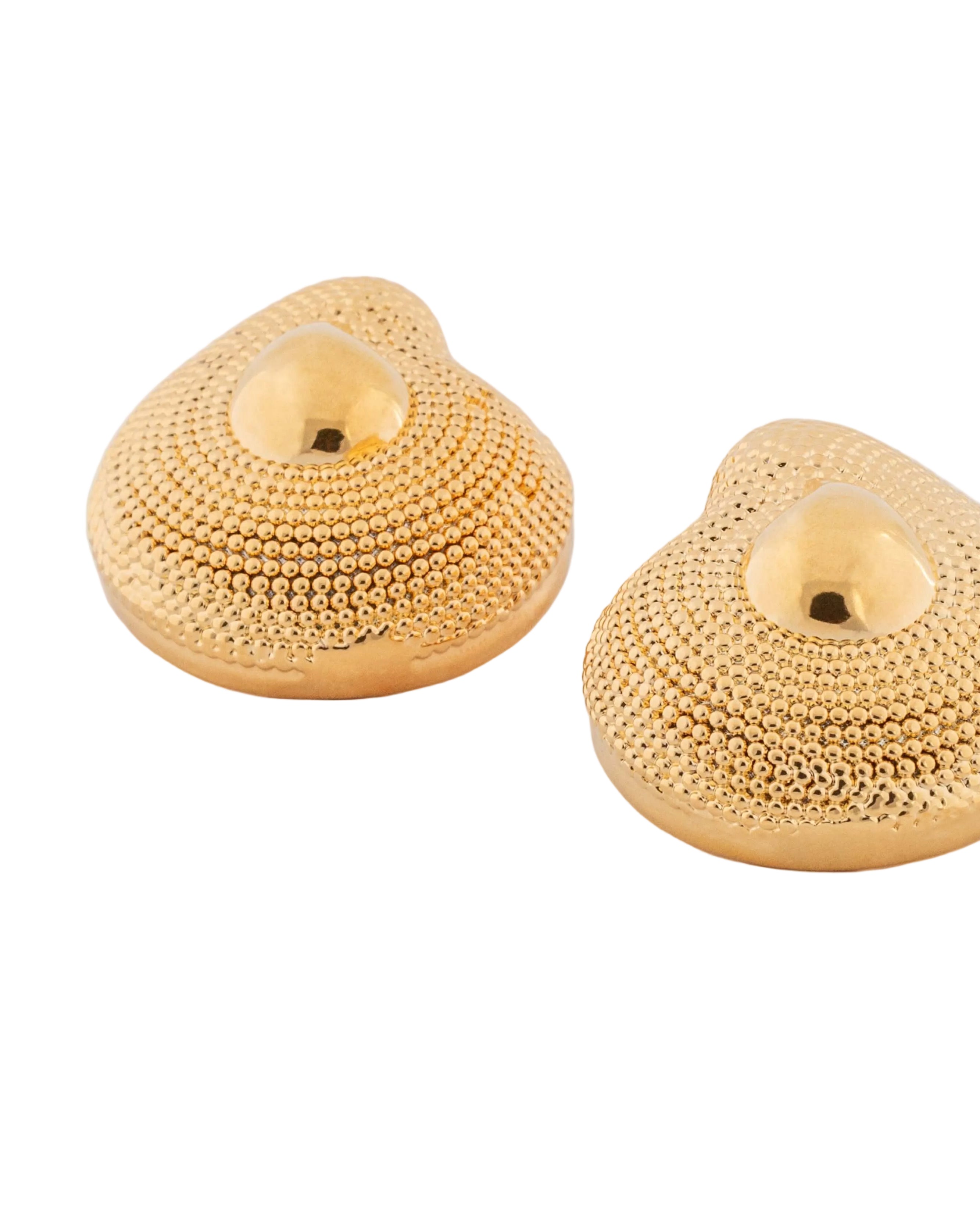 Gold plated textured dome earrings with rounded sculptural shape and asymmetric design, 40mm by 33mm