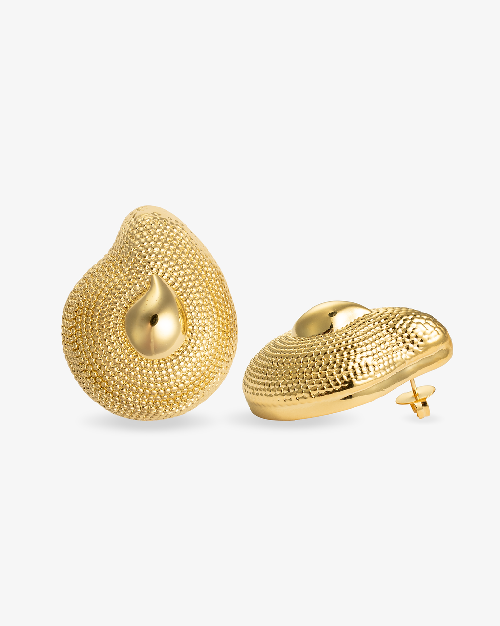 Sculptural gold teardrop earrings angled view with post backs