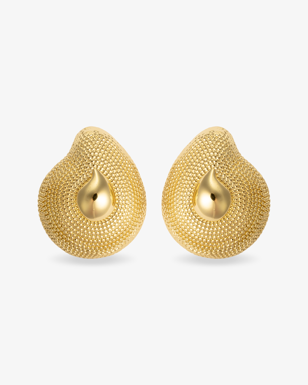 Textured teardrop gold statement earrings front view
