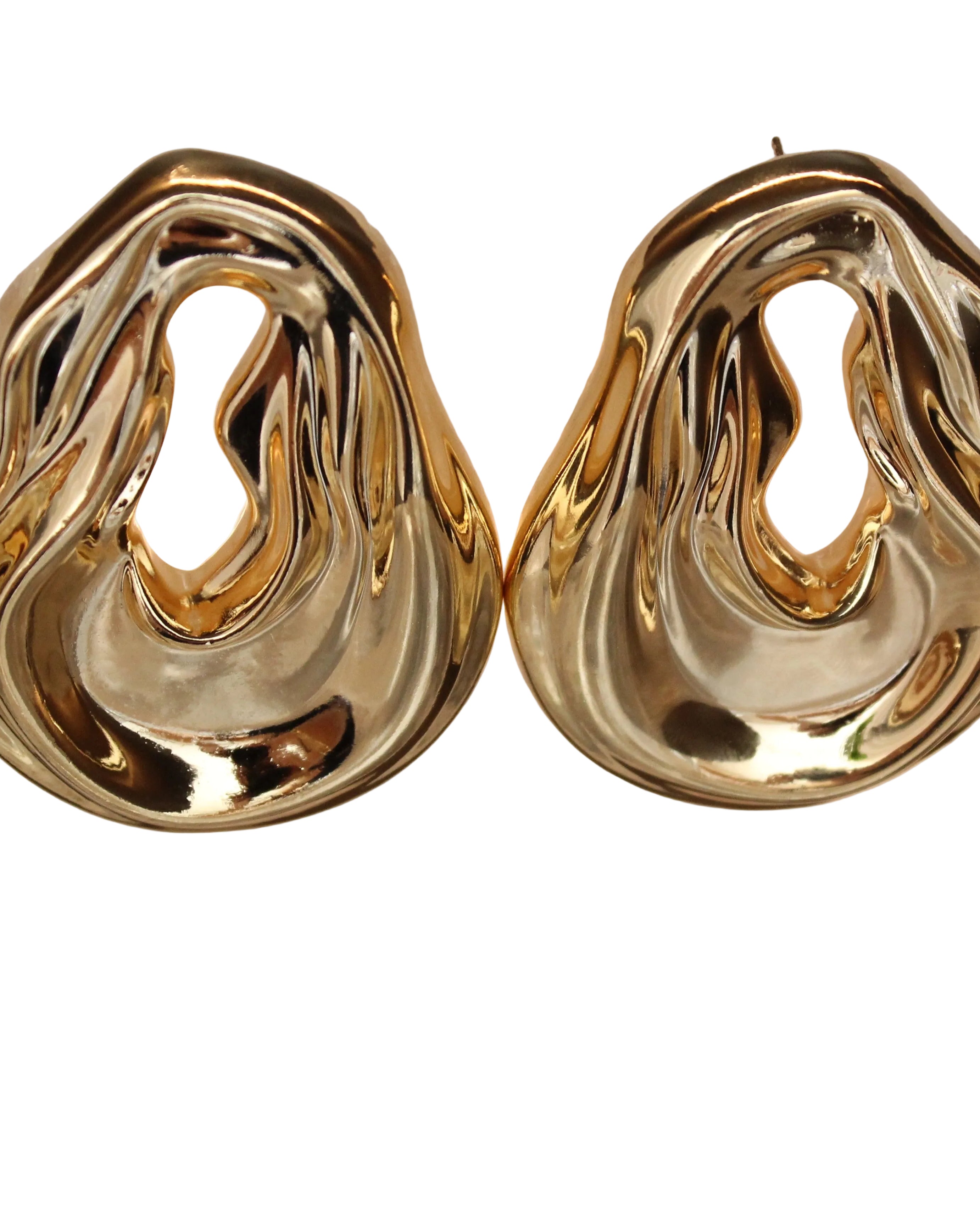 Gold plated abstract oval earrings with large sculptural asymmetric design and polished finish, 61mm by 51mm