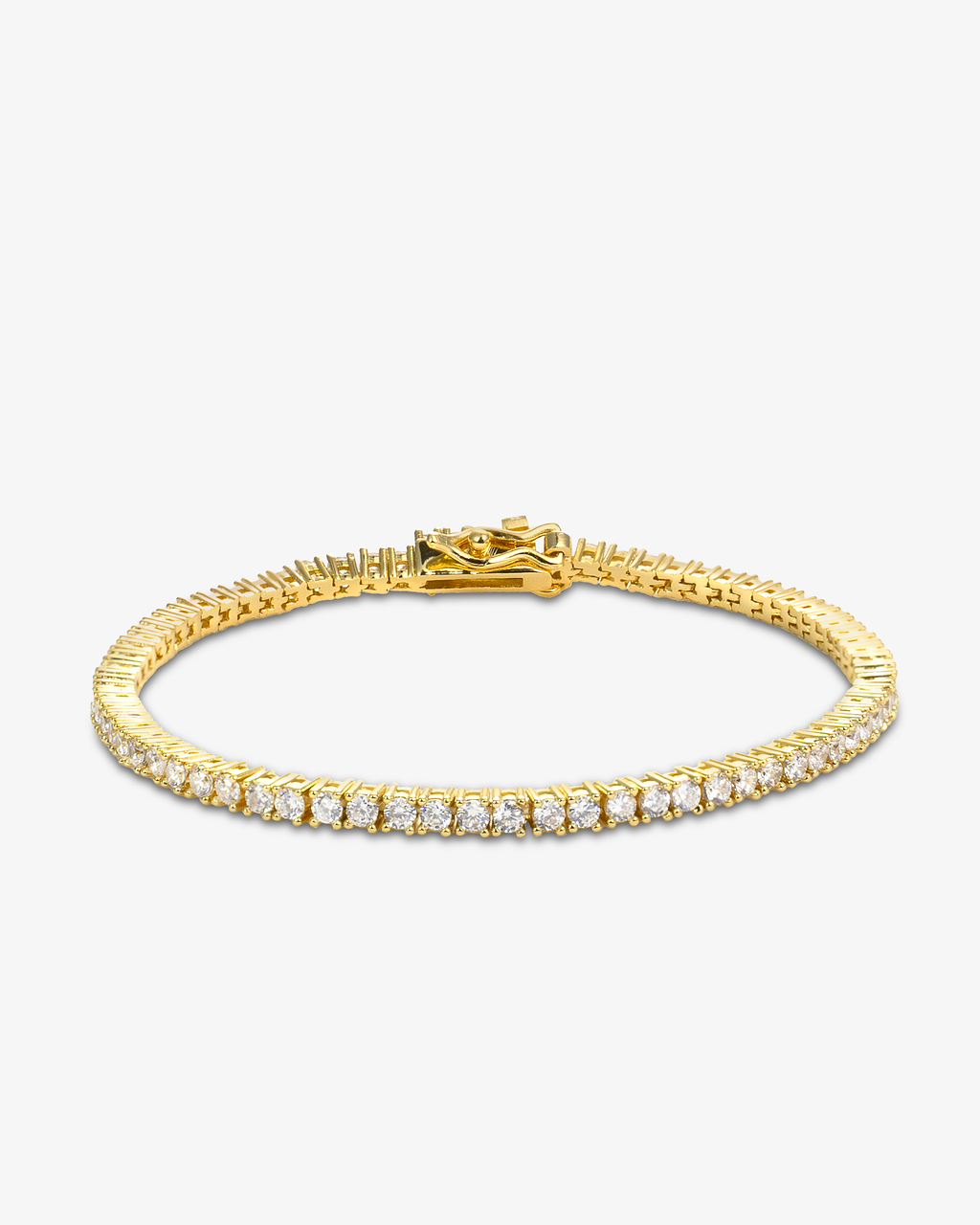 2mm gold tennis bracelet with round-cut clear stones and secure clasp