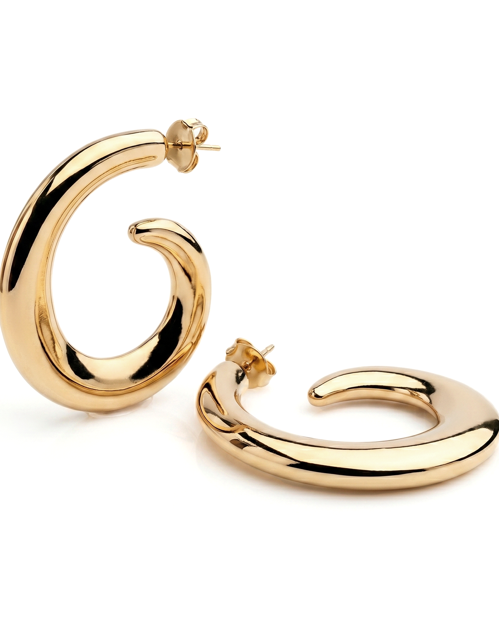 Gold plated loop dangle earrings with fluid curved design and polished finish