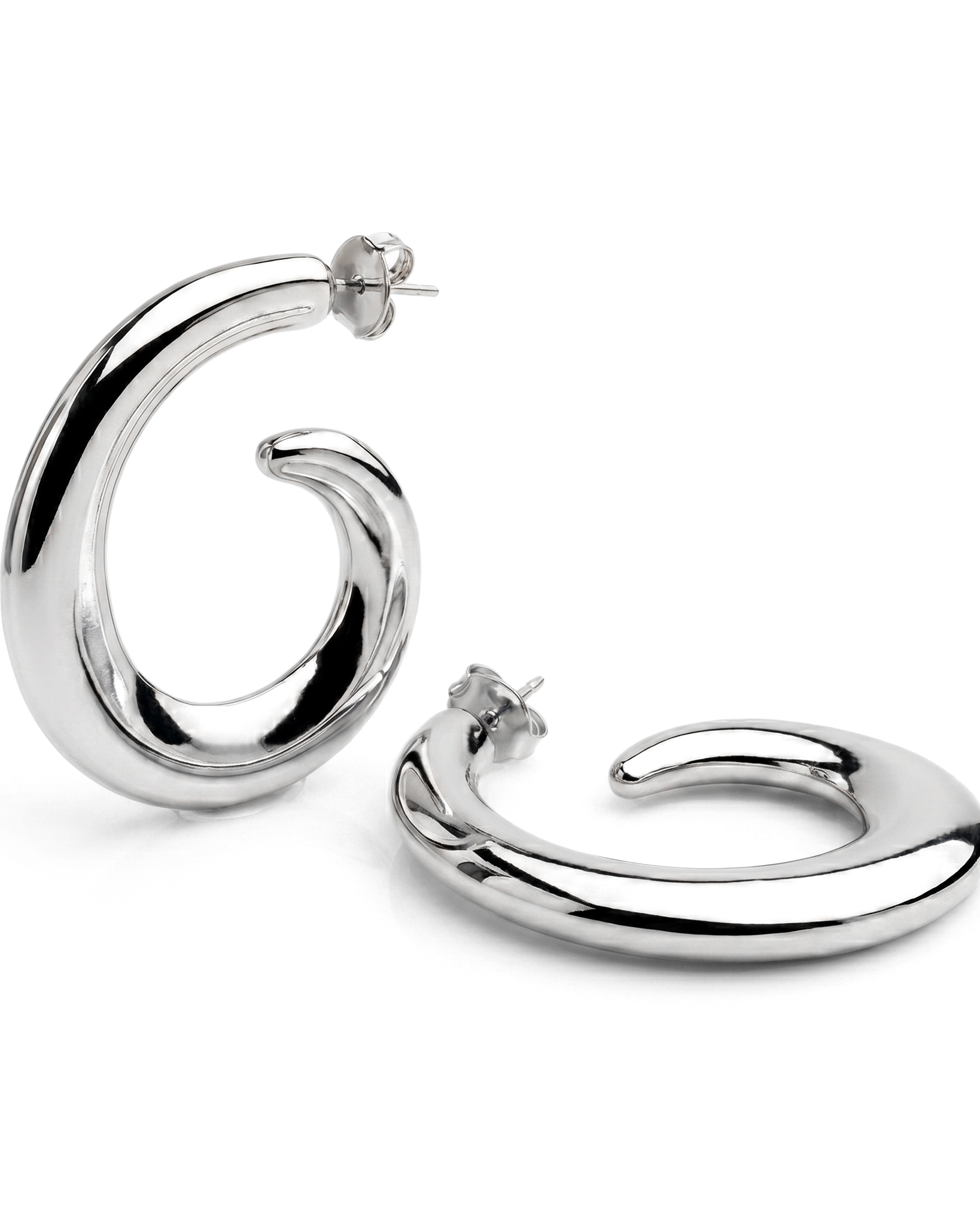 Silver plated loop dangle earrings with fluid curved design and polished finish