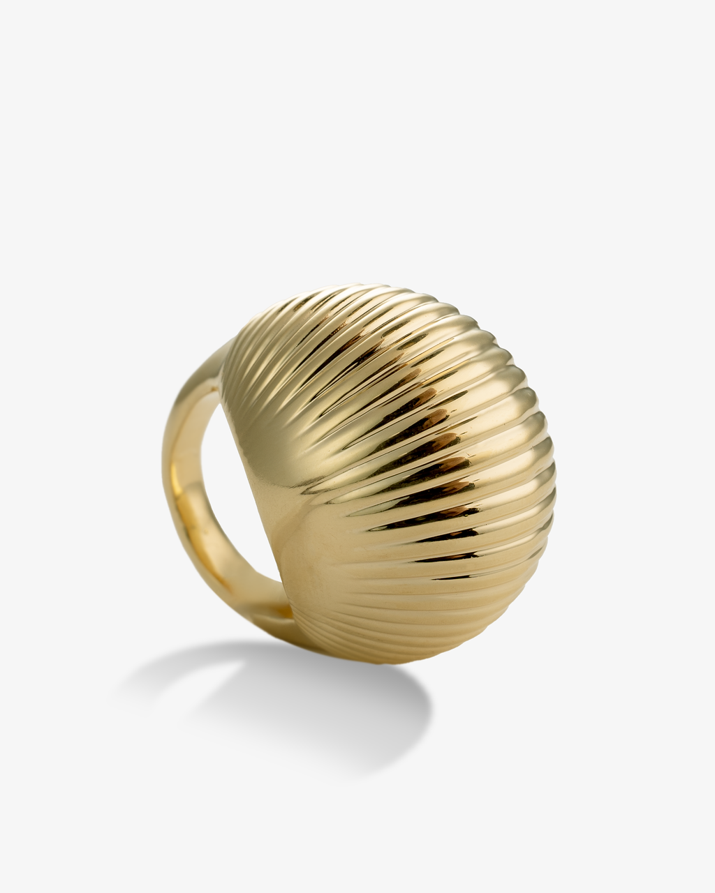 Ribbed dome gold ring angled side view