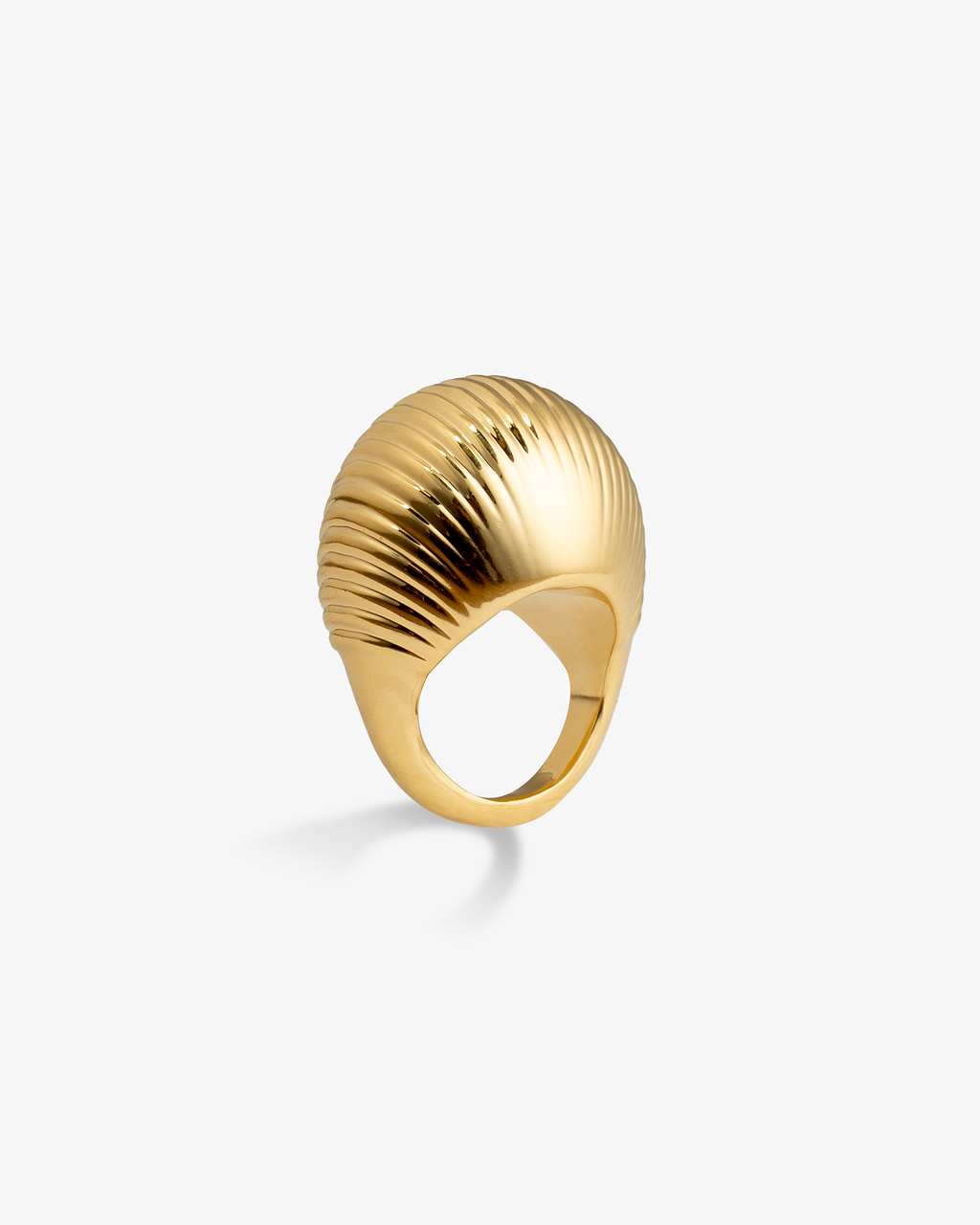 Ribbed dome gold ring angled side view