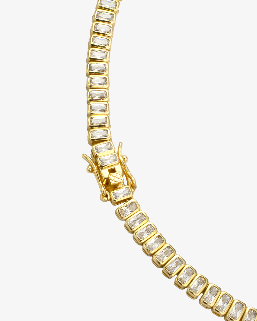 Gold emerald-cut tennis choker necklace with rectangular clear stones