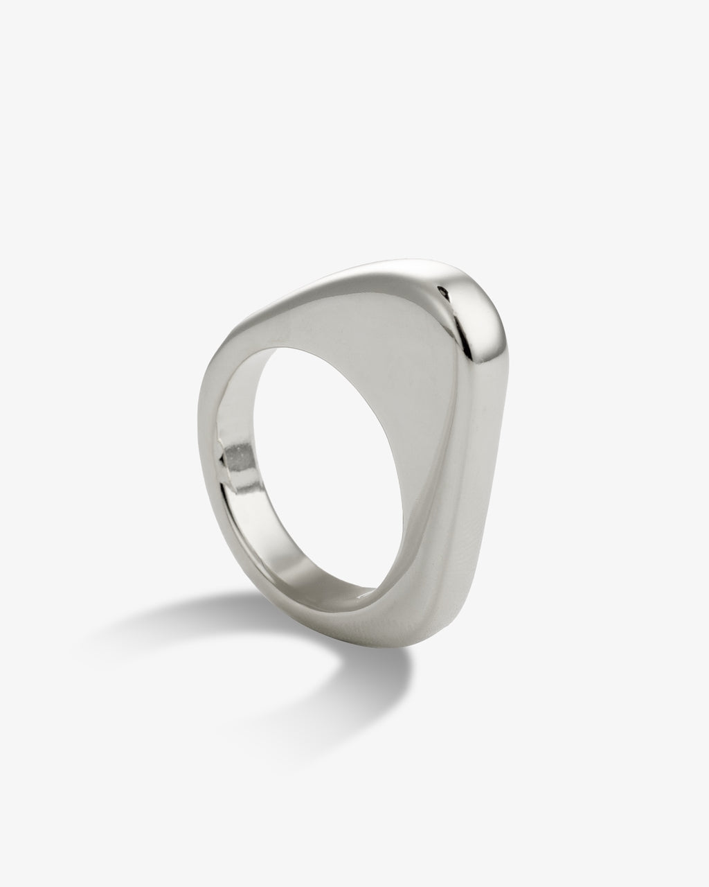 Sculptural silver square ring angled side view