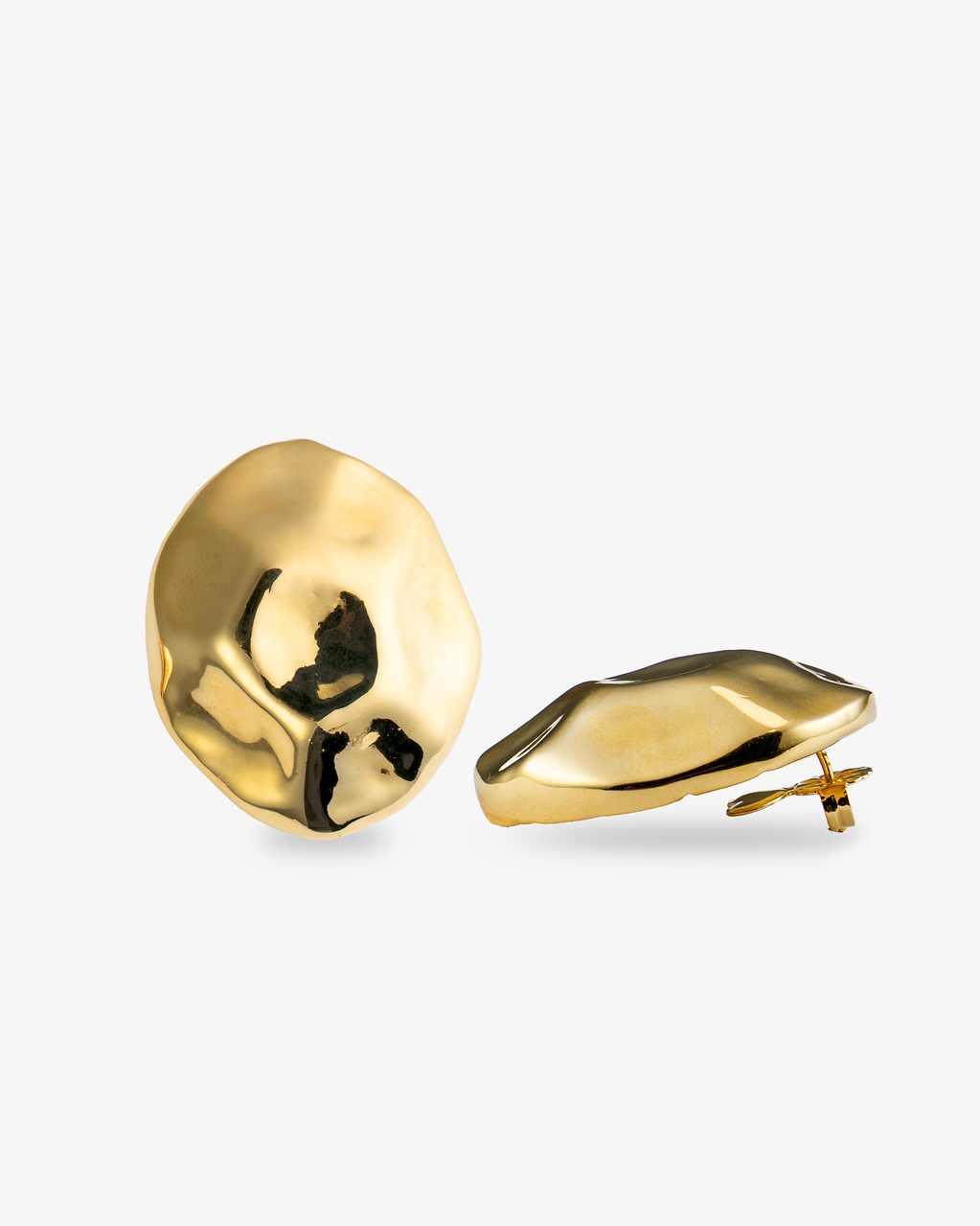 Organic sculptural gold stud earrings front and side view with post back