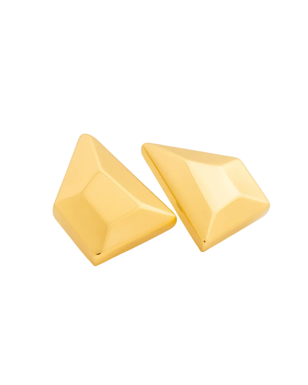 Gold plated faceted pyramid earrings with beveled edges and asymmetric geometric design, 48mm by 34mm