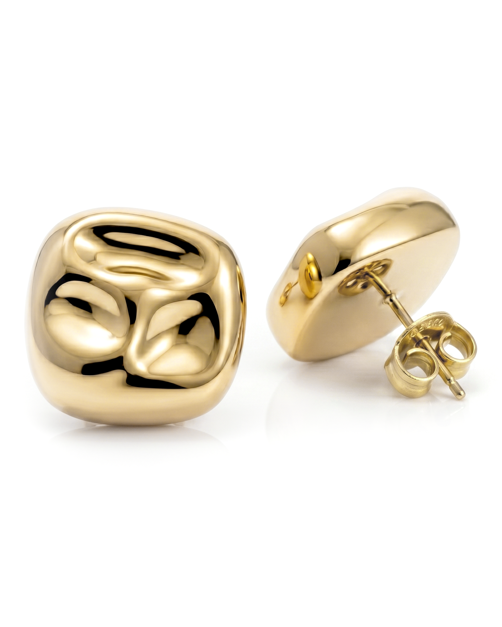 Square hammered earrings available in gold plated and rhodium plated finishes with geometric sculptural design