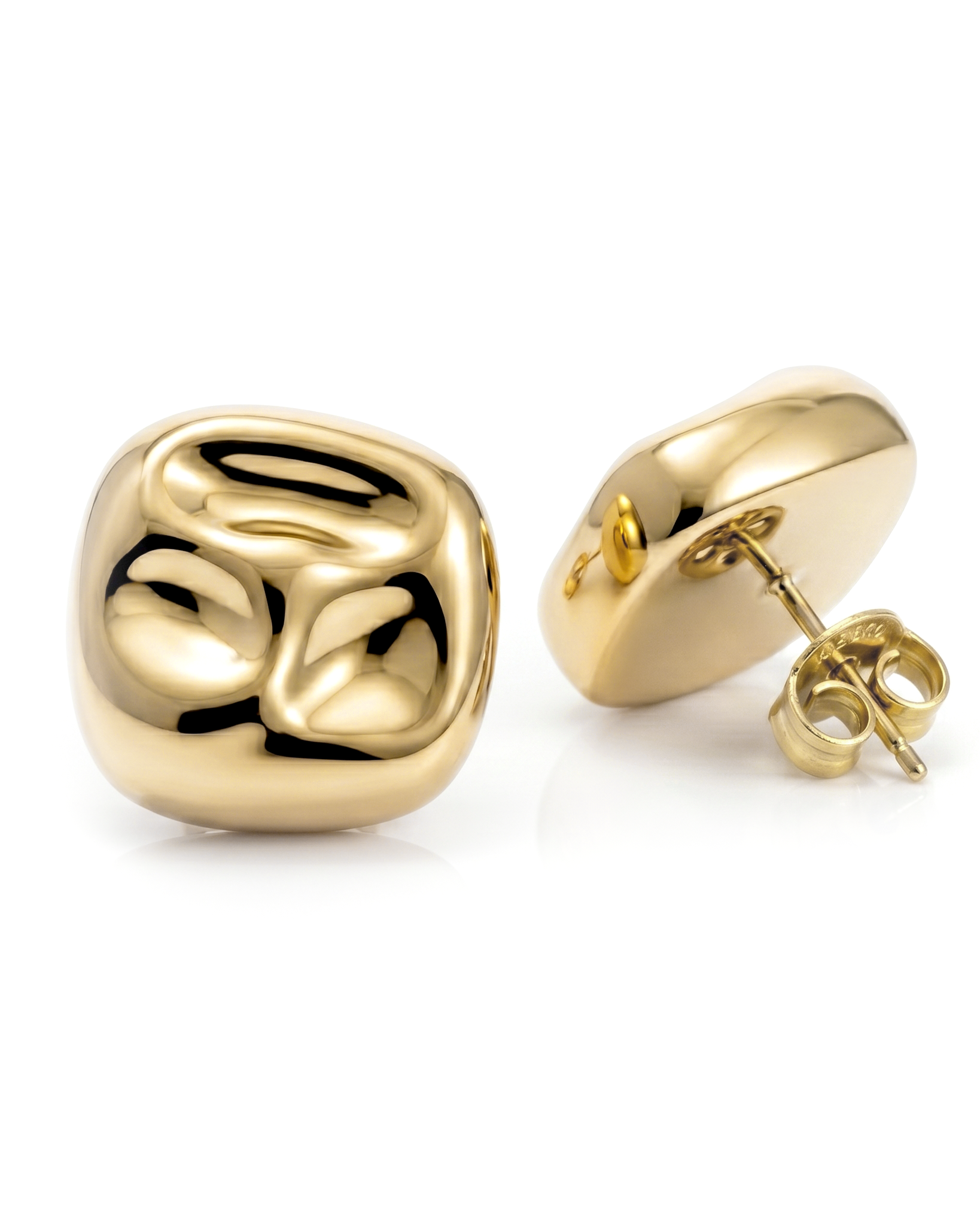 Square hammered earrings available in gold plated and rhodium plated finishes with geometric sculptural design