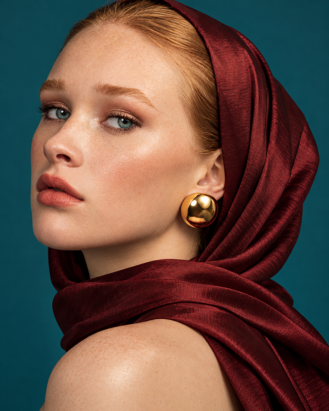 a model earing a Rounded dome gold statement earrings