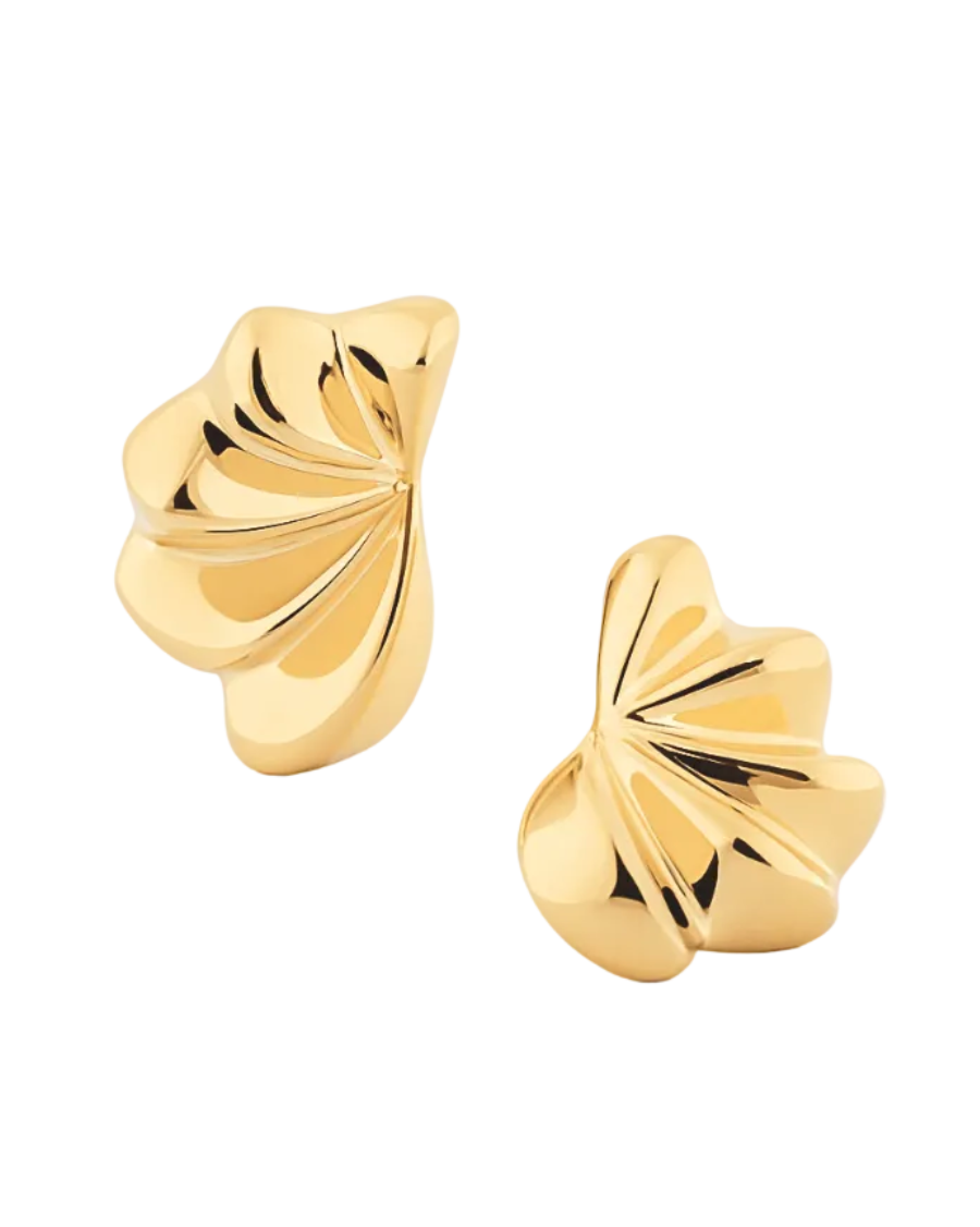 Gold plated fan-shaped sculptural earrings with layered radiating design and polished finish