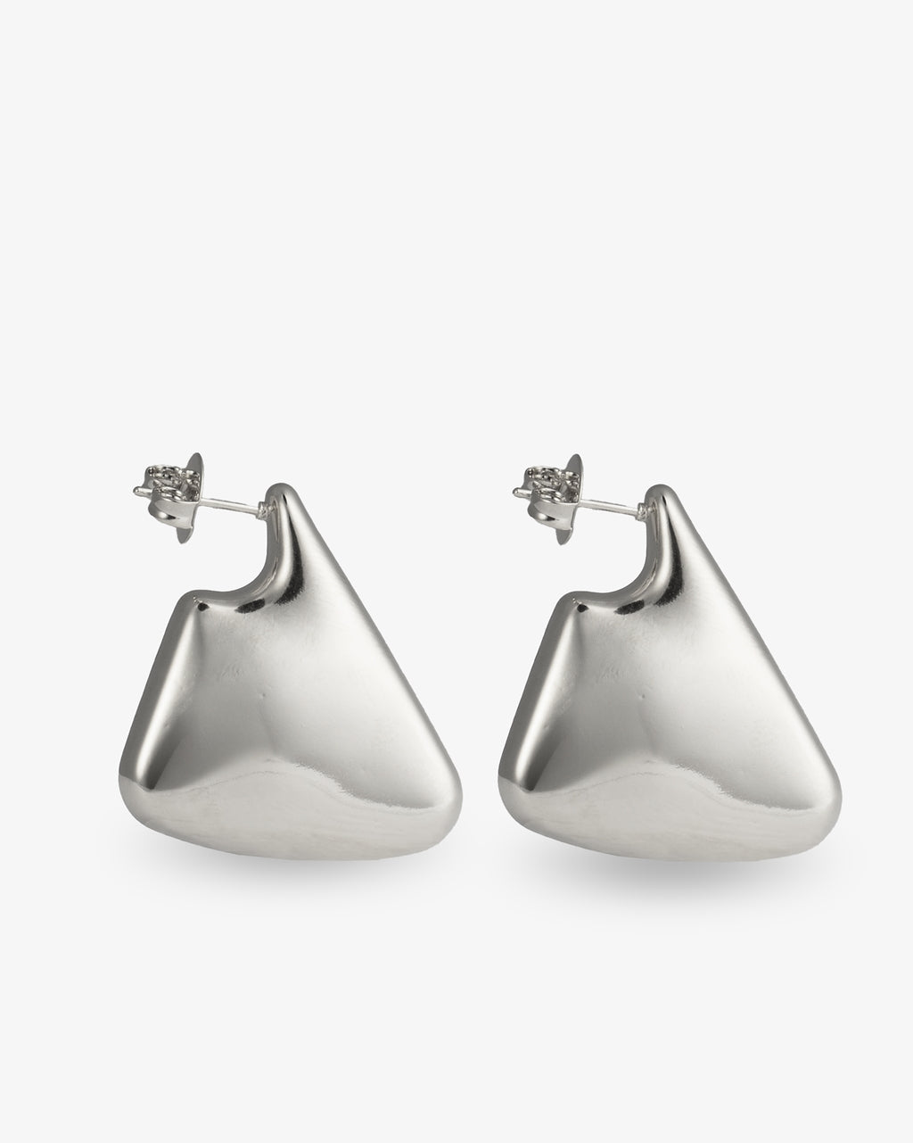Silver chunky geometric triangular drop earrings, alone product shot of the pair from a different angle.