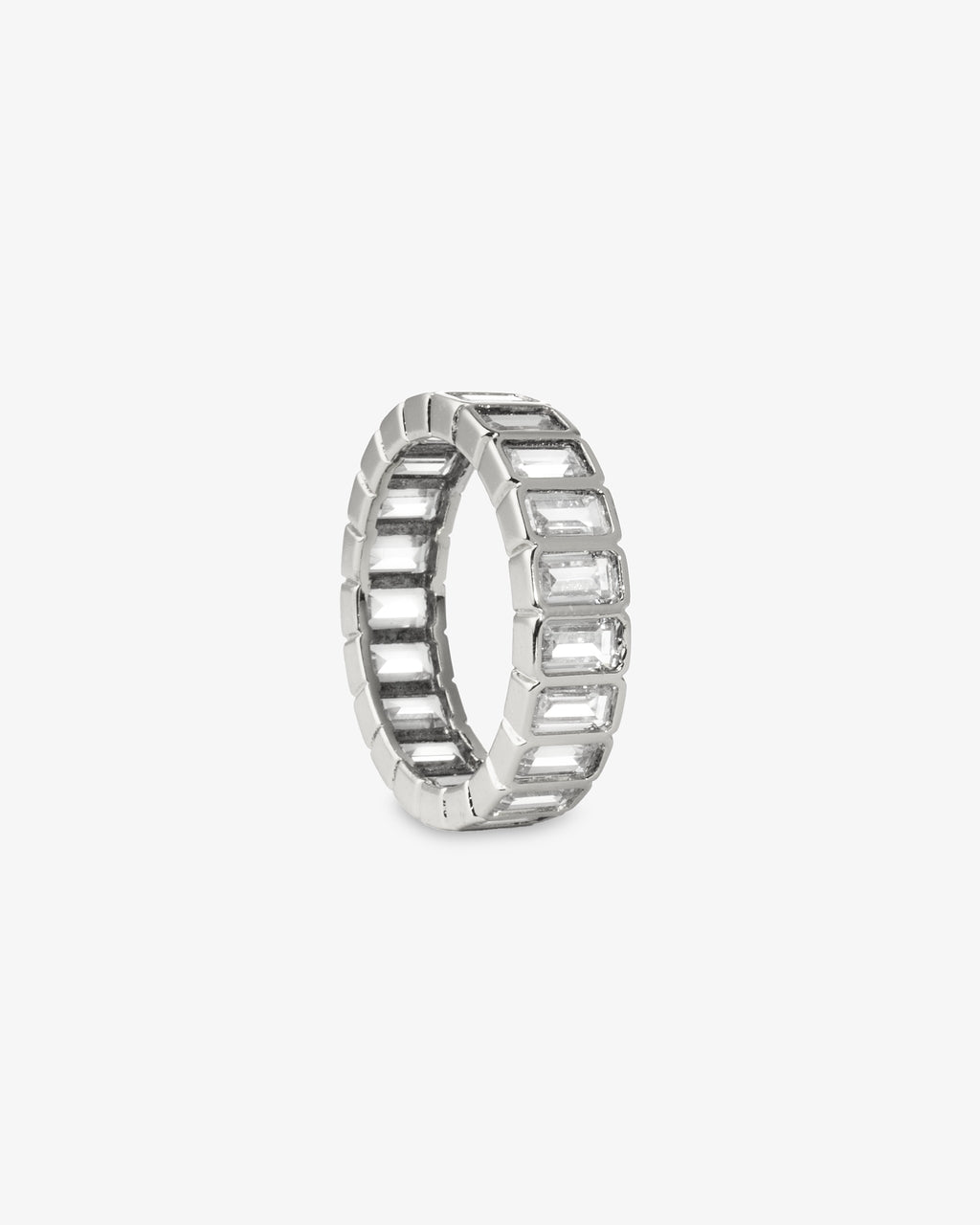 Silver baguette simulated diamond eternity ring, alone product shot from a top-down circular angle.
