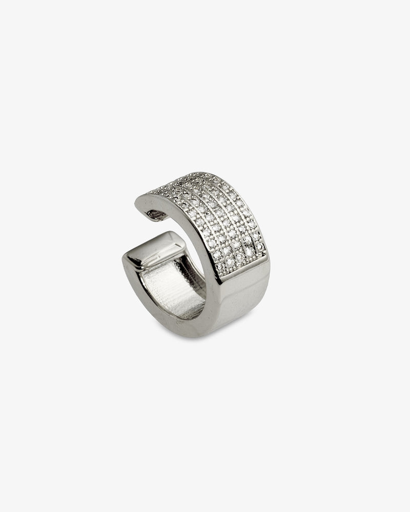 Silver chunky pave ear cuff, alone product shot on a plain background.