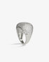 Silver wide band pave simulated diamond ring, alone product shot on a plain background.