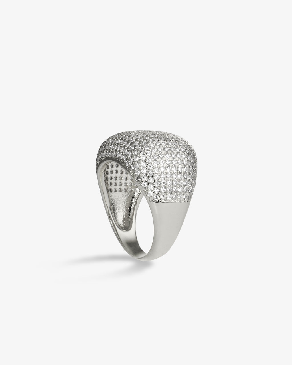 Silver wide band pave simulated diamond ring, alone close-up product shot from a side profile.